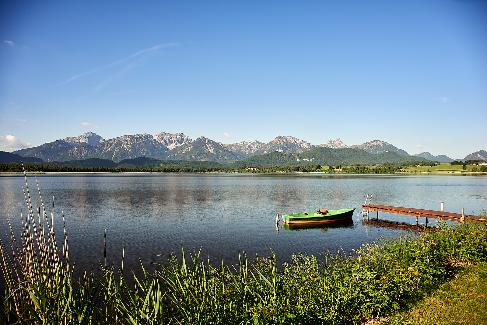 Grünes Boot am Hopfensee mit Alpenpanorama