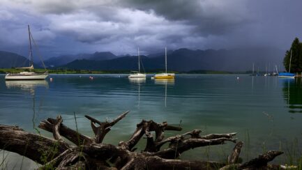 Segelboote auf dem Forggensee mit treibendem Holz und stürmischem Himmel