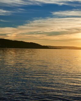 Sonnenuntergang am Bodensee mit Schwänen – Hahnemühle FineArt Torchon 285